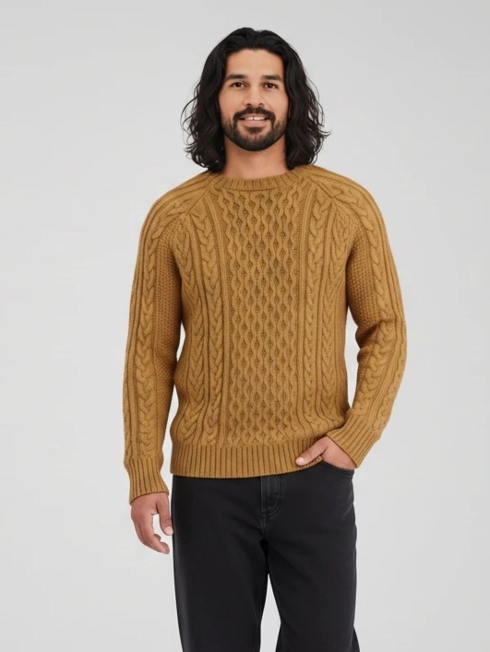 Sun + Stone Men's Cable Crewneck Sweater in Camel Brown